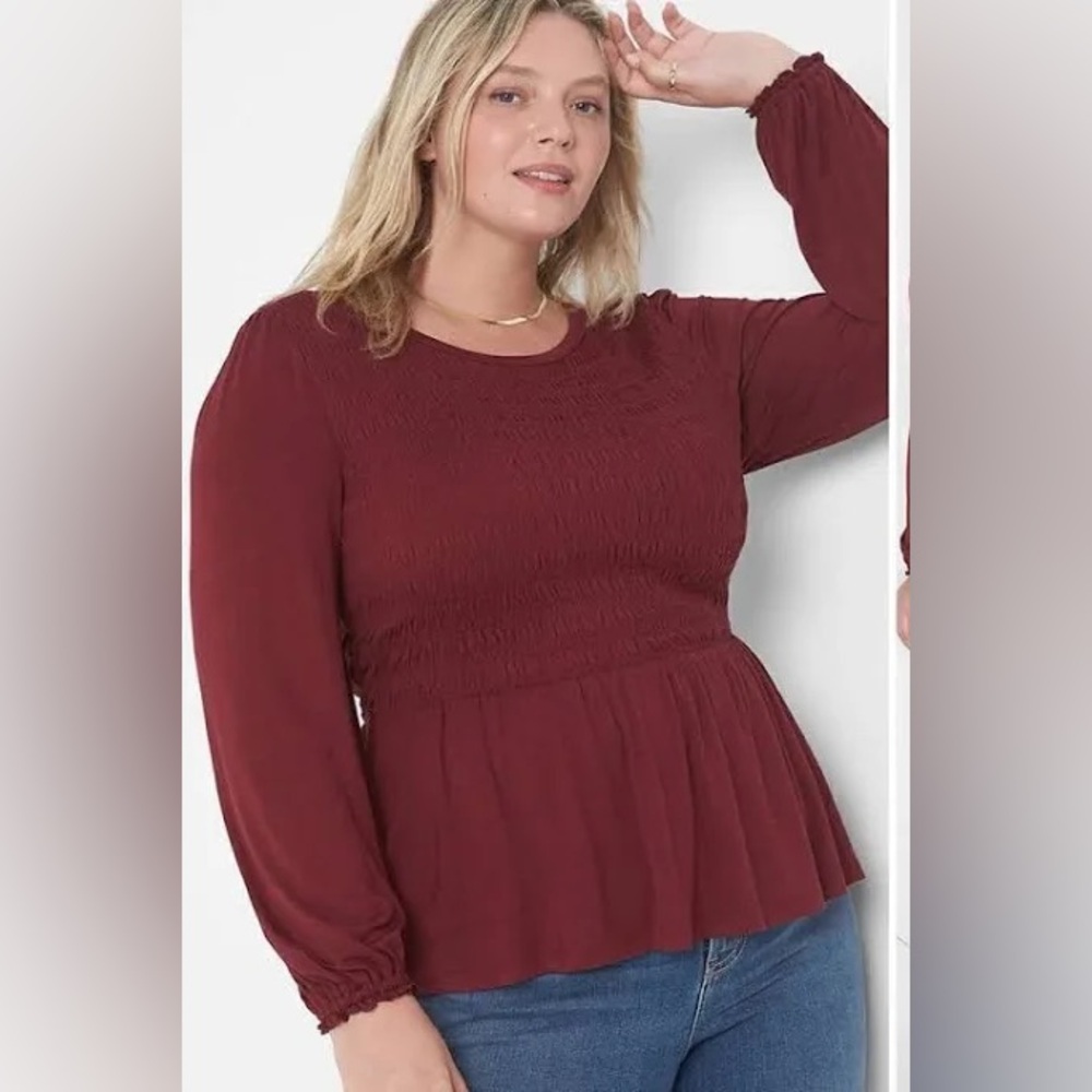 NWT Lane Bryant Peplum Smocked Burgundy Blouse, 22/24